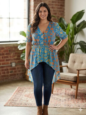 Cato blue floral print hi low button up top Size 18/20W Boho Maximal Vibrant